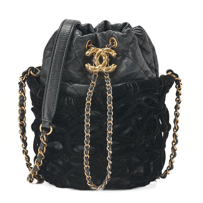 CHANEL Lambskin x Perois with Charm Drawstring Style Chain Shoulder Black Gold-Tone Hardware, Pre-Owned