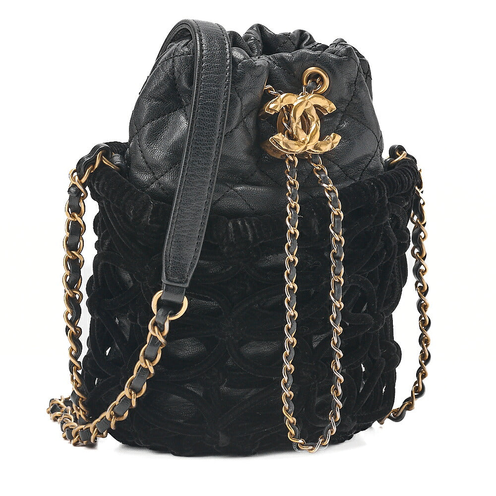 CHANEL Lambskin x Perois with Charm Drawstring Style Chain Shoulder Black Gold-Tone Hardware, Pre-Owned