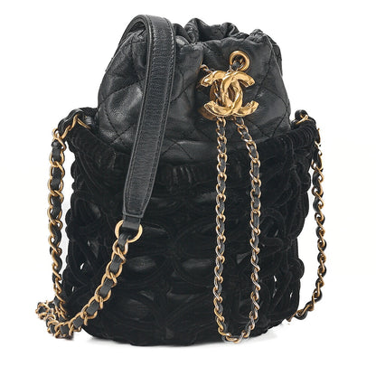 CHANEL Lambskin x Perois with Charm Drawstring Style Chain Shoulder Black Gold-Tone Hardware, Pre-Owned