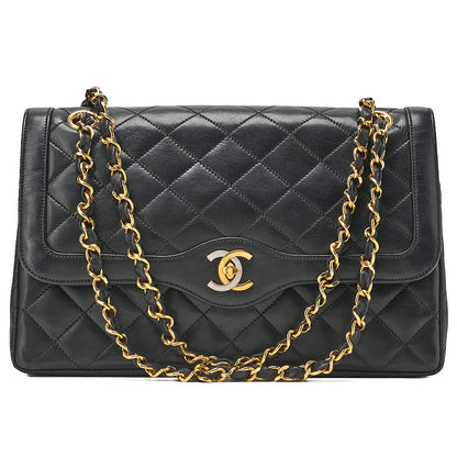 CHANEL Lambskin Matelasse 27cm Paris Limited Double Flap Shoulder Bag Black Gold-Tone Hardware, Pre-Owned