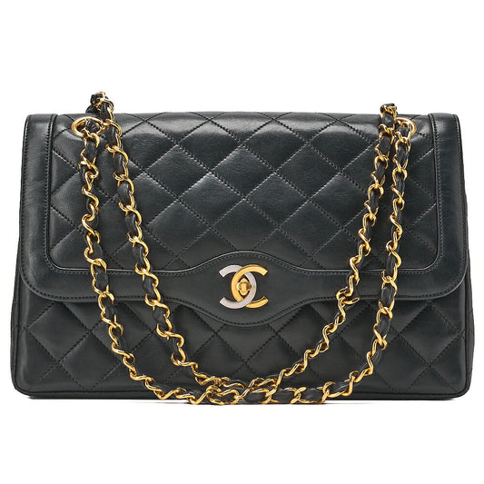 CHANEL Lambskin Matelasse 27cm Paris Limited Double Flap Shoulder Bag Black Gold-Tone Hardware, Pre-Owned