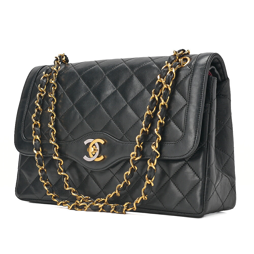 CHANEL Lambskin Matelasse 27cm Paris Limited Double Flap Shoulder Bag Black Gold-Tone Hardware, Pre-Owned