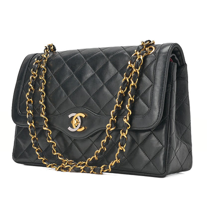 CHANEL Lambskin Matelasse 27cm Paris Limited Double Flap Shoulder Bag Black Gold-Tone Hardware, Pre-Owned