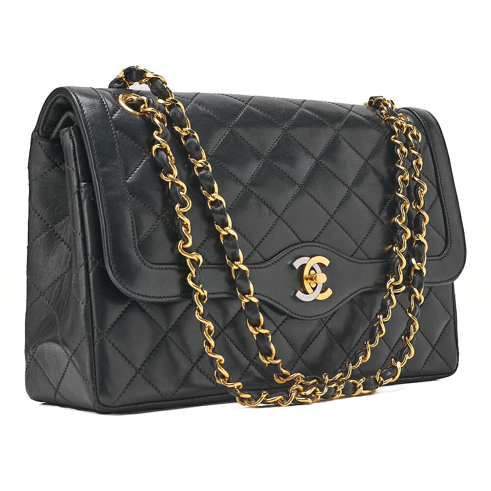 CHANEL Lambskin Matelasse 27cm Paris Limited Double Flap Shoulder Bag Black Gold-Tone Hardware, Pre-Owned