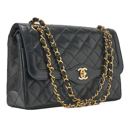 CHANEL Lambskin Matelasse 27cm Paris Limited Double Flap Shoulder Bag Black Gold-Tone Hardware, Pre-Owned
