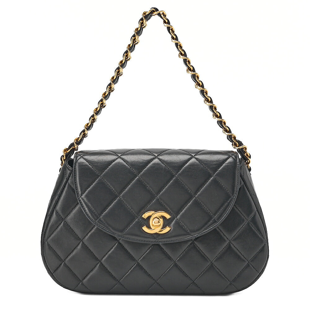 CHANEL Lambskin Matelasse Round Flap Chain Hand Black Gold-Tone Hardware, Pre-Owned