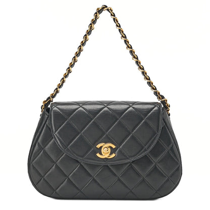CHANEL Lambskin Matelasse Round Flap Chain Hand Black Gold-Tone Hardware, Pre-Owned