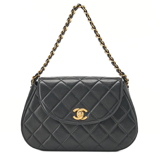 CHANEL Lambskin Matelasse Round Flap Chain Hand Black Gold-Tone Hardware, Pre-Owned