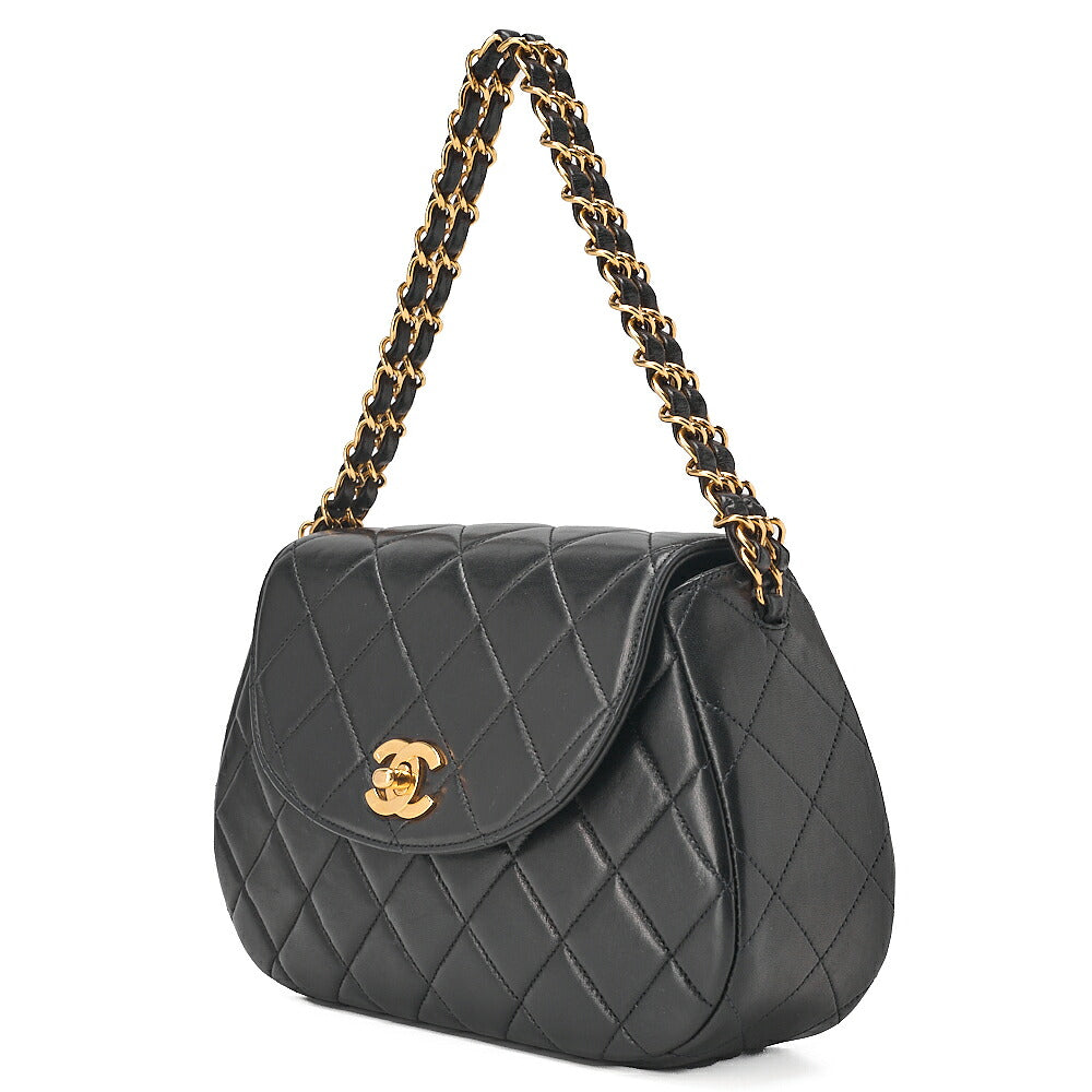 CHANEL Lambskin Matelasse Round Flap Chain Hand Black Gold-Tone Hardware, Pre-Owned