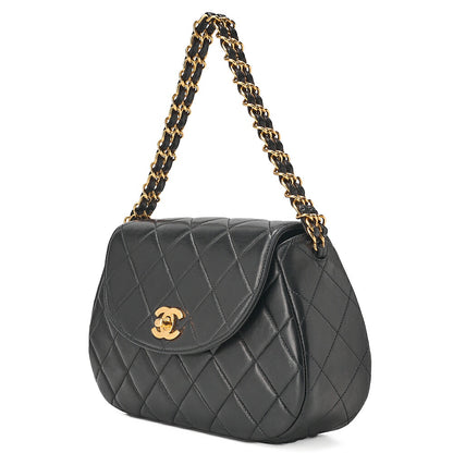 CHANEL Lambskin Matelasse Round Flap Chain Hand Black Gold-Tone Hardware, Pre-Owned