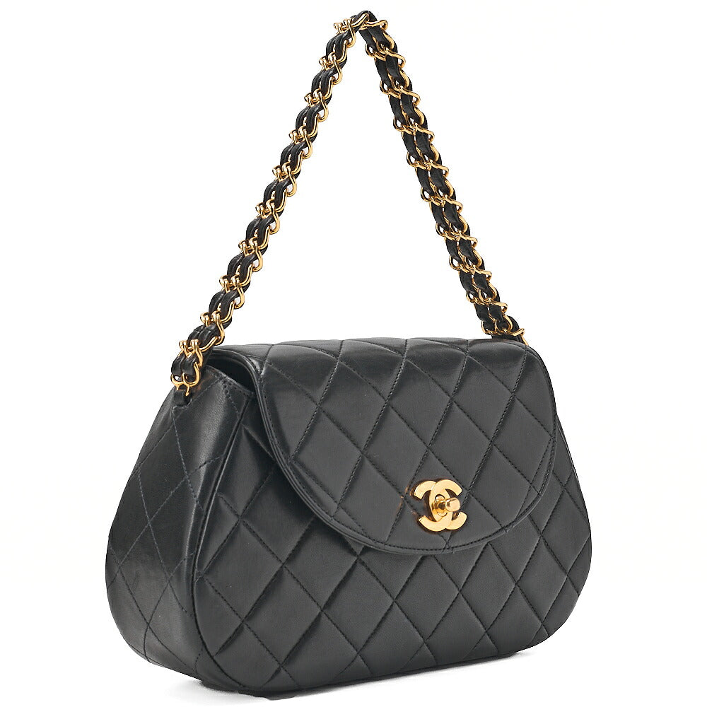 CHANEL Lambskin Matelasse Round Flap Chain Hand Black Gold-Tone Hardware, Pre-Owned