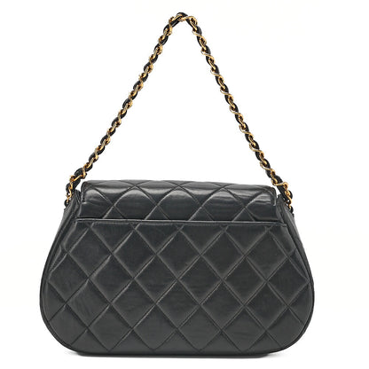 CHANEL Lambskin Matelasse Round Flap Chain Hand Black Gold-Tone Hardware, Pre-Owned