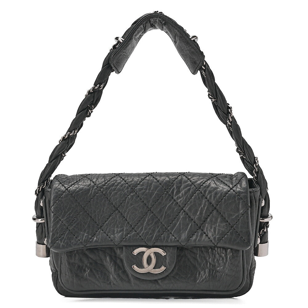 CHANEL Calfskin Matelasse Single Handbag Black Silver-Tone Hardware, Pre-Owned