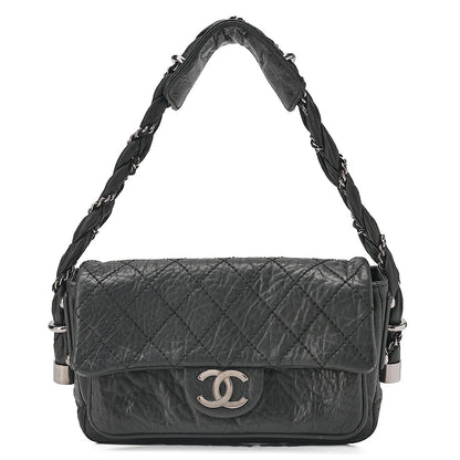CHANEL Calfskin Matelasse Single Handbag Black Silver-Tone Hardware, Pre-Owned