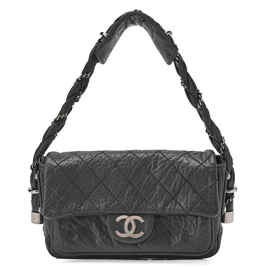 CHANEL Calfskin Matelasse Single Handbag Black Silver-Tone Hardware, Pre-Owned