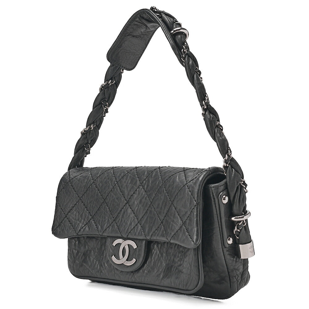 CHANEL Calfskin Matelasse Single Handbag Black Silver-Tone Hardware, Pre-Owned