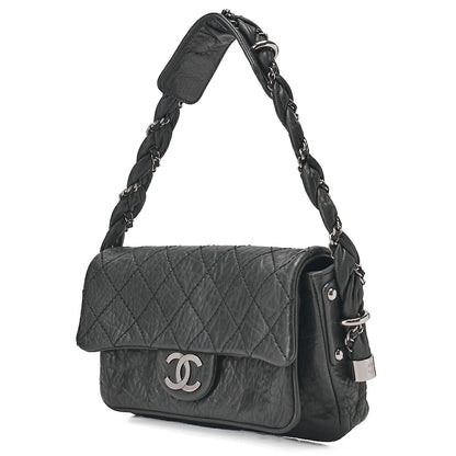 CHANEL Calfskin Matelasse Single Handbag Black Silver-Tone Hardware, Pre-Owned