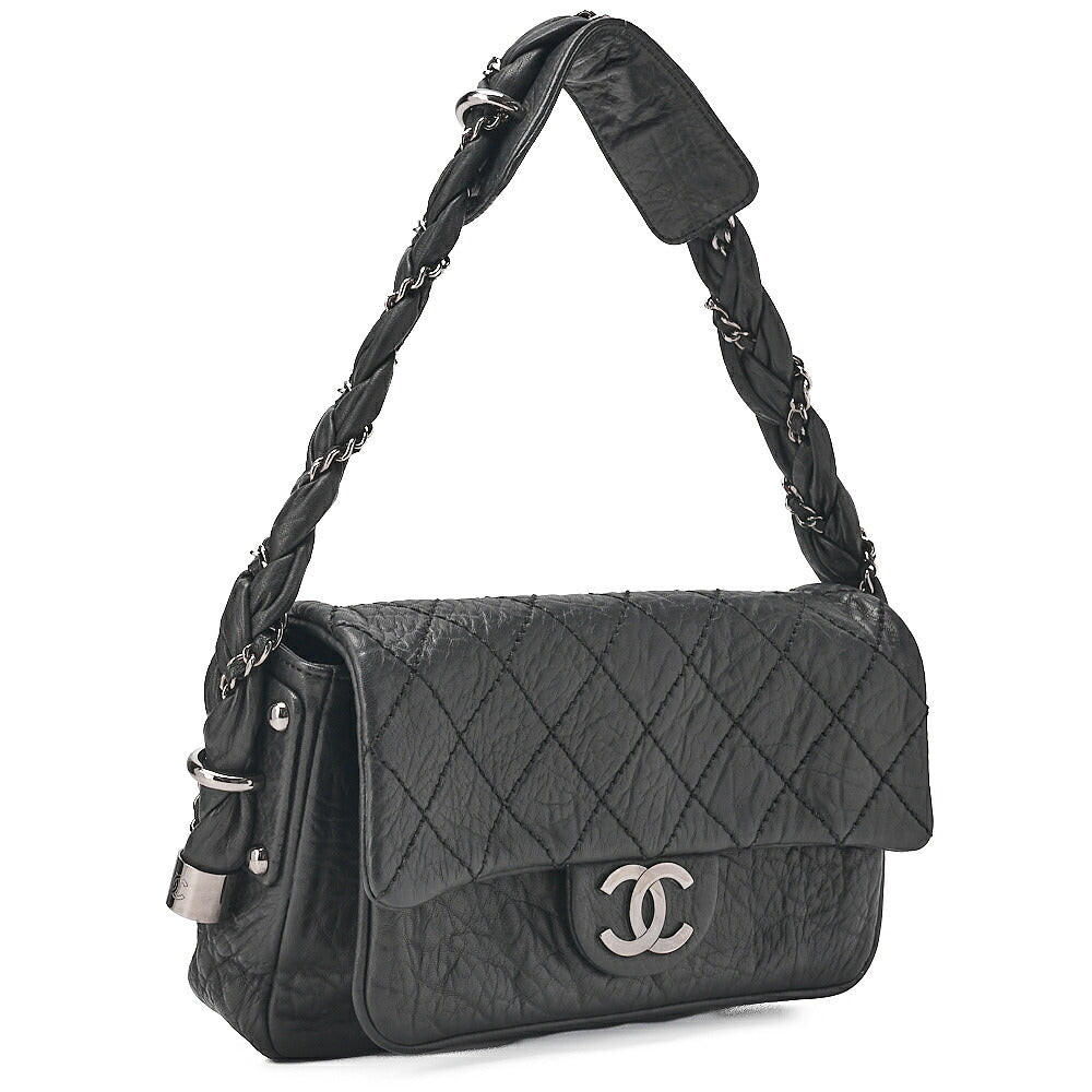 CHANEL Calfskin Matelasse Single Handbag Black Silver-Tone Hardware, Pre-Owned
