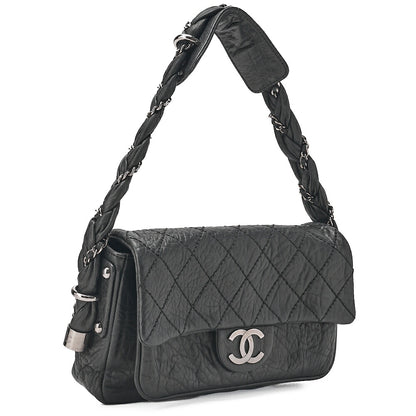 CHANEL Calfskin Matelasse Single Handbag Black Silver-Tone Hardware, Pre-Owned