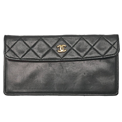 CHANEL Lambskin Matelasse Design Flap Chain Shoulder with Pouch Black Gold-Tone Hardware, Pre-Owned