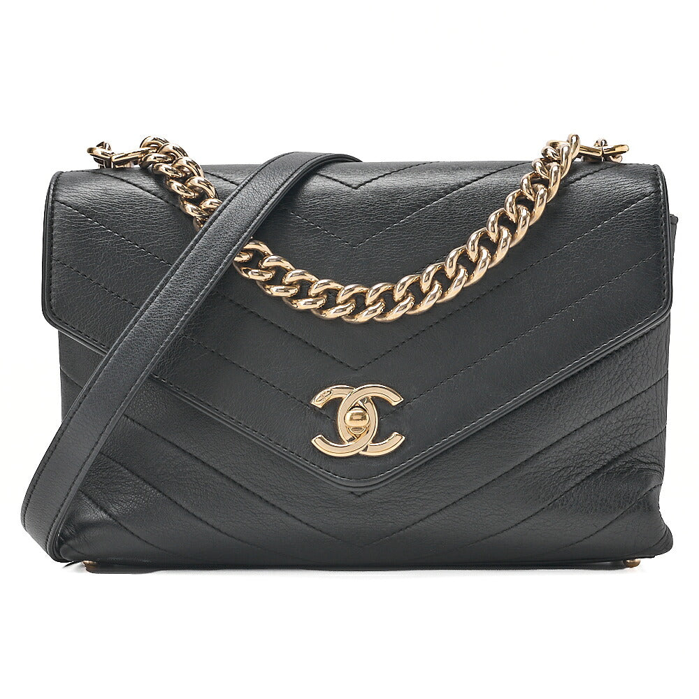 CHANEL Lambskin V-Stitch Turn Lock 2-Way Chain Shoulder Black Gold-Tone Hardware, Pre-Owned