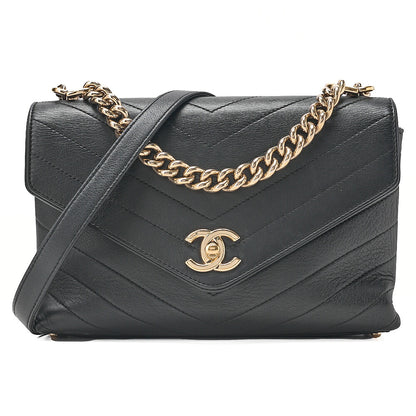 CHANEL Lambskin V-Stitch Turn Lock 2-Way Chain Shoulder Black Gold-Tone Hardware, Pre-Owned
