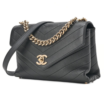 CHANEL Lambskin V-Stitch Turn Lock 2-Way Chain Shoulder Black Gold-Tone Hardware, Pre-Owned