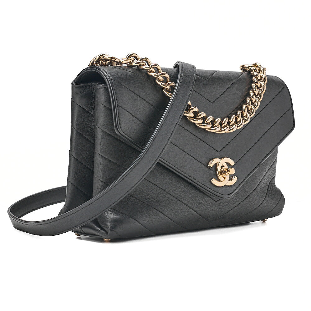 CHANEL Lambskin V-Stitch Turn Lock 2-Way Chain Shoulder Black Gold-Tone Hardware, Pre-Owned