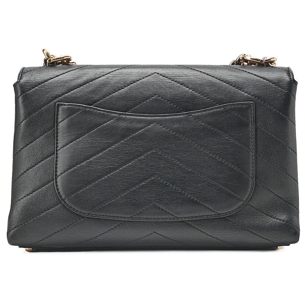 CHANEL Lambskin V-Stitch Turn Lock 2-Way Chain Shoulder Black Gold-Tone Hardware, Pre-Owned