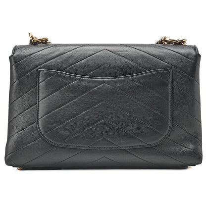 CHANEL Lambskin V-Stitch Turn Lock 2-Way Chain Shoulder Black Gold-Tone Hardware, Pre-Owned
