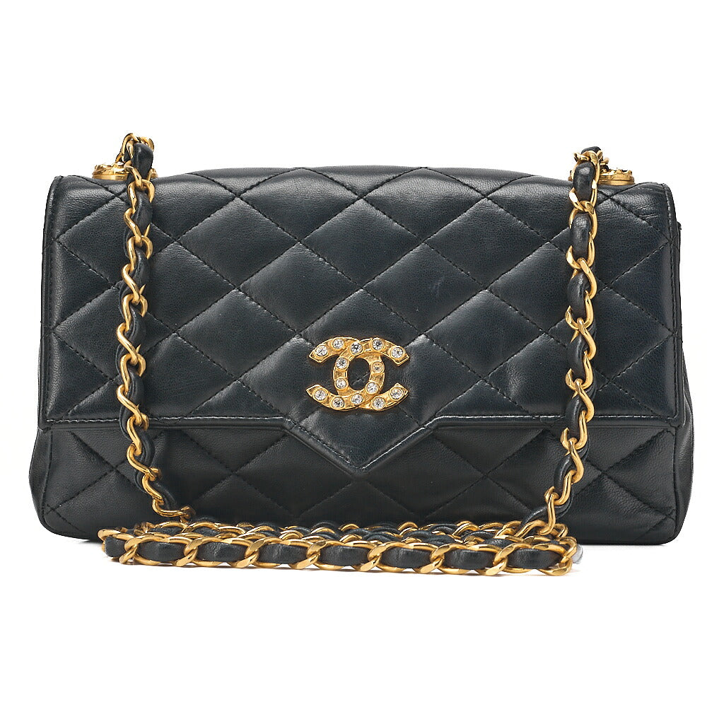 CHANEL Lambskin Matelasse Coco Mark Single Flap Rhinestone Chain Shoulder Black Gold-Tone Hardware, Pre-Owned