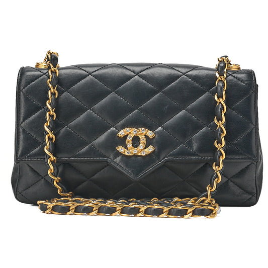 CHANEL Lambskin Matelasse Coco Mark Single Flap Rhinestone Chain Shoulder Black Gold-Tone Hardware, Pre-Owned