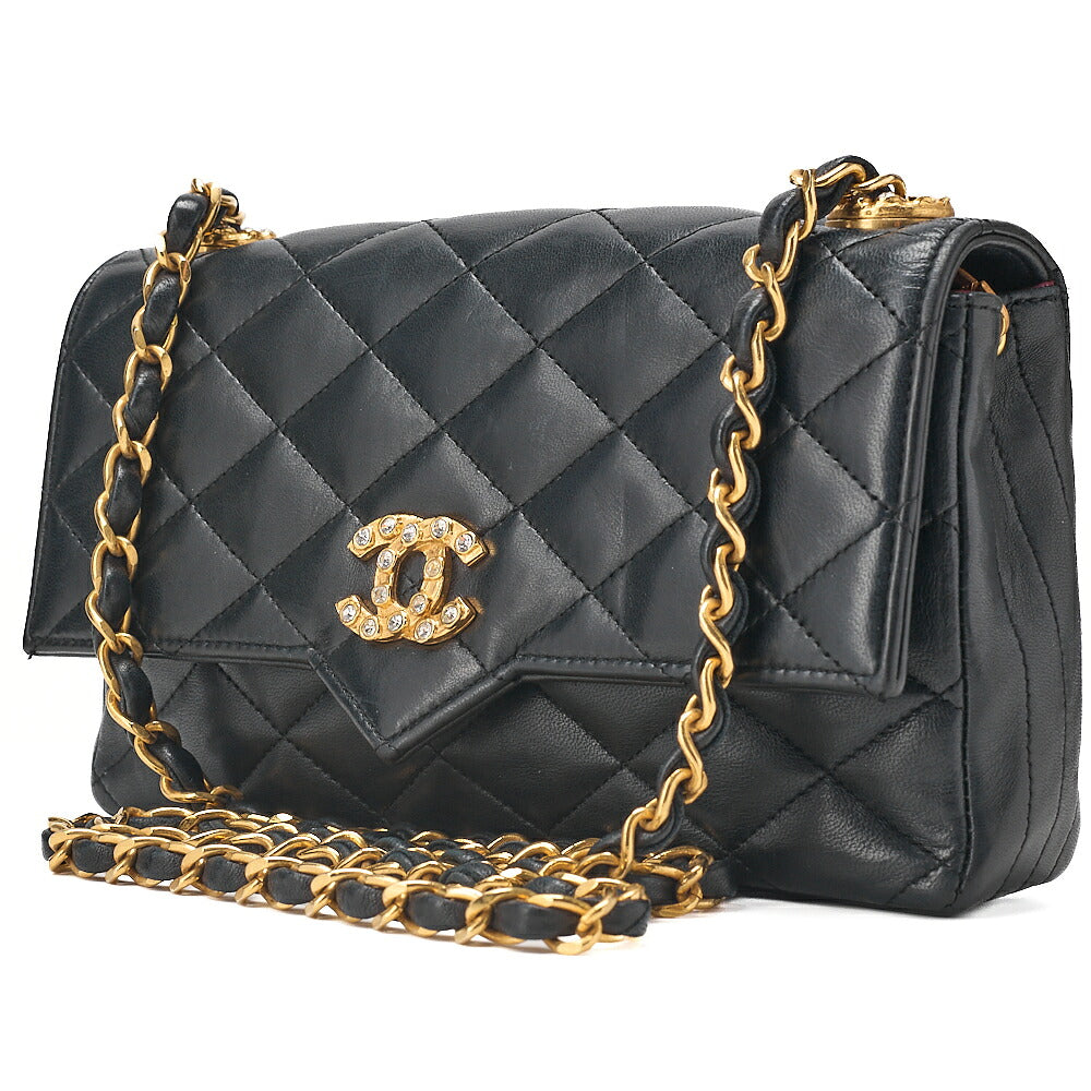 CHANEL Lambskin Matelasse Coco Mark Single Flap Rhinestone Chain Shoulder Black Gold-Tone Hardware, Pre-Owned