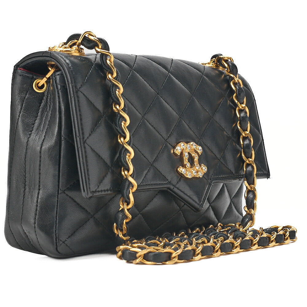 CHANEL Lambskin Matelasse Coco Mark Single Flap Rhinestone Chain Shoulder Black Gold-Tone Hardware, Pre-Owned