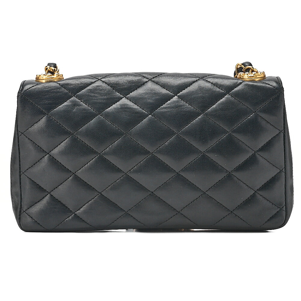 CHANEL Lambskin Matelasse Coco Mark Single Flap Rhinestone Chain Shoulder Black Gold-Tone Hardware, Pre-Owned
