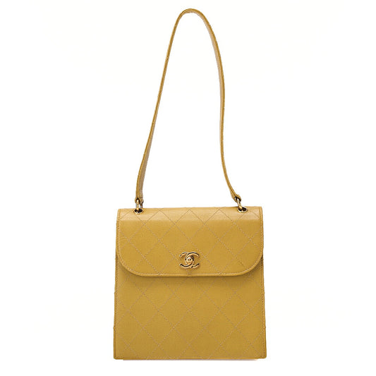 CHANEL Caviar Skin Matelasse Trapezoid Single Shoulder Bag Yellow Gold-Tone Hardware, Pre-Owned