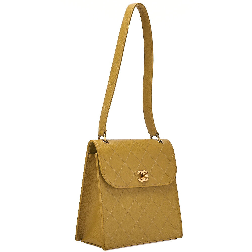 CHANEL Caviar Skin Matelasse Trapezoid Single Shoulder Bag Yellow Gold-Tone Hardware, Pre-Owned