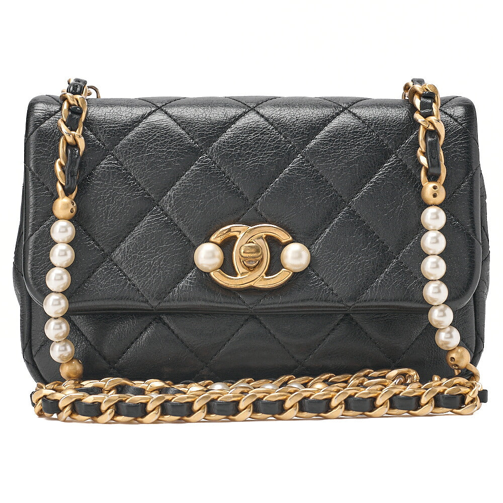 CHANEL Lambskin Matelasse Coco Mark Fic Pearl Chain Shoulder Black Gold-Tone Hardware, Pre-Owned