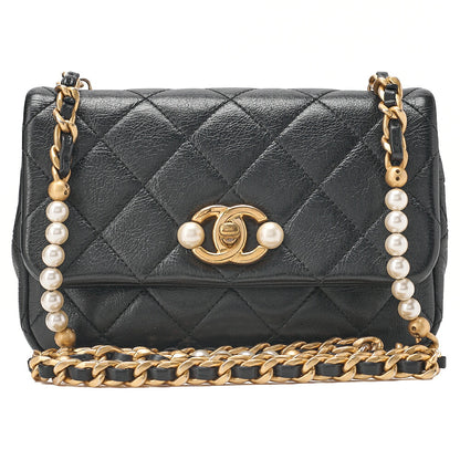 CHANEL Lambskin Matelasse Coco Mark Fic Pearl Chain Shoulder Black Gold-Tone Hardware, Pre-Owned