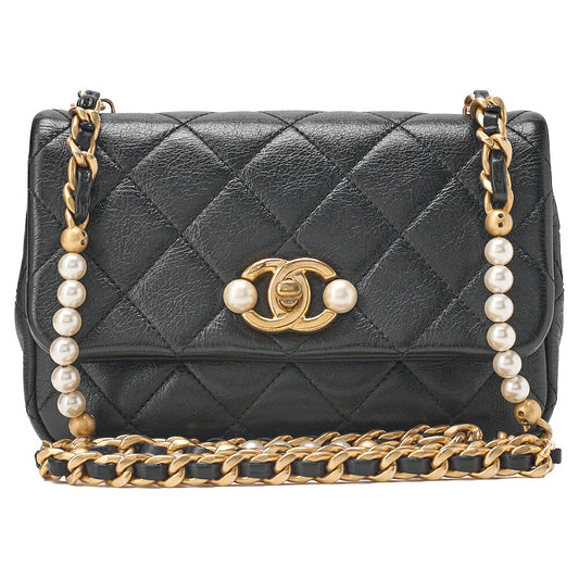 CHANEL Lambskin Matelasse Coco Mark Fic Pearl Chain Shoulder Black Gold-Tone Hardware, Pre-Owned