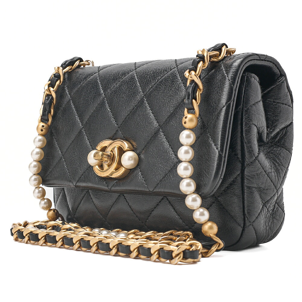 CHANEL Lambskin Matelasse Coco Mark Fic Pearl Chain Shoulder Black Gold-Tone Hardware, Pre-Owned