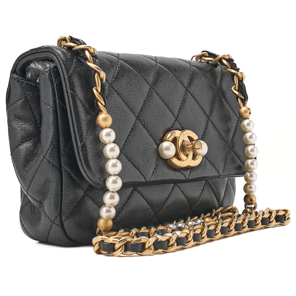 CHANEL Lambskin Matelasse Coco Mark Fic Pearl Chain Shoulder Black Gold-Tone Hardware, Pre-Owned