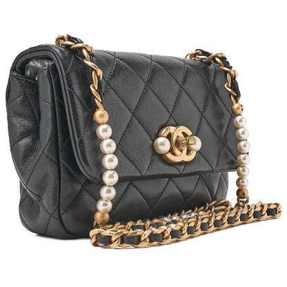 CHANEL Lambskin Matelasse Coco Mark Fic Pearl Chain Shoulder Black Gold-Tone Hardware, Pre-Owned