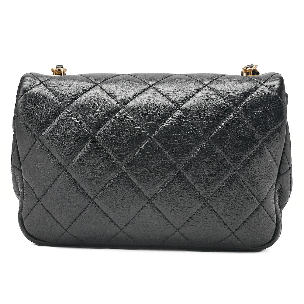 CHANEL Lambskin Matelasse Coco Mark Fic Pearl Chain Shoulder Black Gold-Tone Hardware, Pre-Owned
