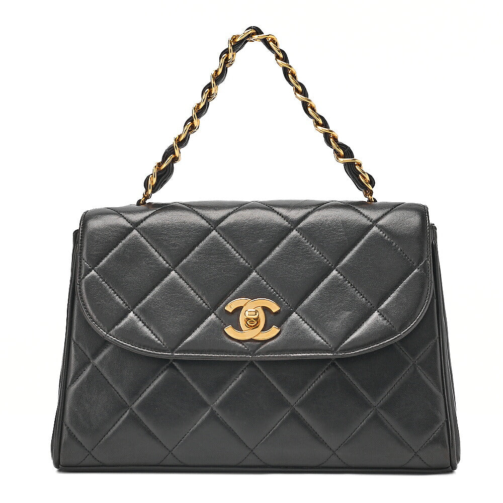 CHANEL Lambskin Matelasse Turn Lock Round Flap Trapezoidal Chain Hand Black Gold-Tone Hardware, Pre-Owned