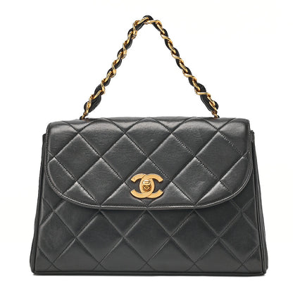 CHANEL Lambskin Matelasse Turn Lock Round Flap Trapezoidal Chain Hand Black Gold-Tone Hardware, Pre-Owned