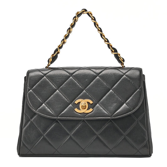 CHANEL Lambskin Matelasse Turn Lock Round Flap Trapezoidal Chain Hand Black Gold-Tone Hardware, Pre-Owned