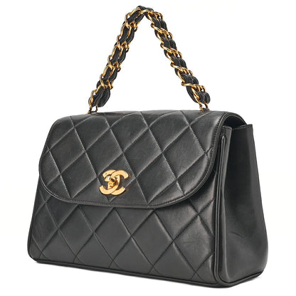 CHANEL Lambskin Matelasse Turn Lock Round Flap Trapezoidal Chain Hand Black Gold-Tone Hardware, Pre-Owned