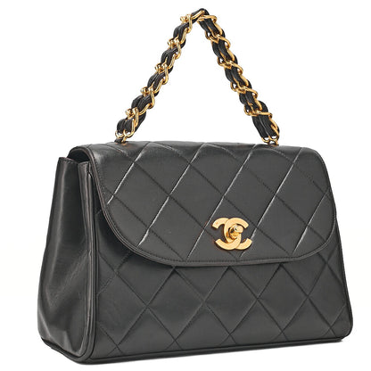 CHANEL Lambskin Matelasse Turn Lock Round Flap Trapezoidal Chain Hand Black Gold-Tone Hardware, Pre-Owned