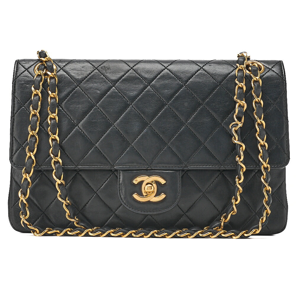 CHANEL Lambskin Matelasse 25cm Double Straight Flap Chain Shoulder Black Gold-Tone Hardware, Pre-Owned